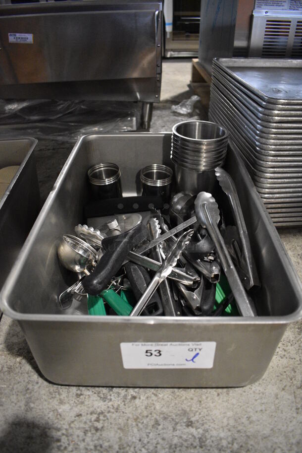 ALL ONE MONEY! Lot of Various Items Including Utensils and Metal Cylindrical Bins in Metal Bin - Image 1 of 4