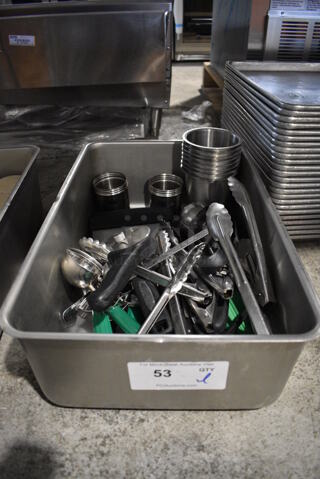 ALL ONE MONEY! Lot of Various Items Including Utensils and Metal Cylindrical Bins in Metal Bin