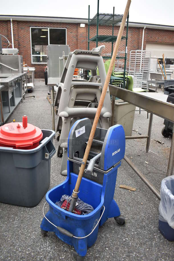 Ecolab Blue Poly Mop Bucket w/ Wringing Attachment and Mop on Commercial Casters. 16x19x32 - Image 2 of 4