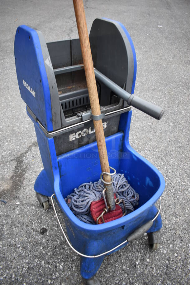 Ecolab Blue Poly Mop Bucket w/ Wringing Attachment and Mop on Commercial Casters. 16x19x32 - Image 4 of 4