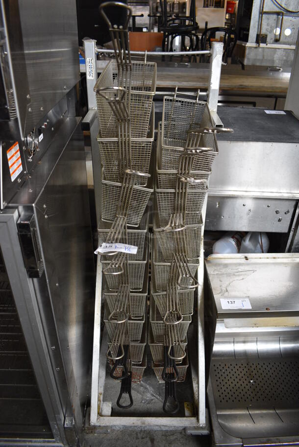 Metal Commercial Floor Style Fry Basket Dolly w/ 18 Metal Fry Baskets on Commercial Casters. 18x27x53 - Image 1 of 4