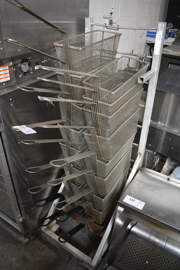 Metal Commercial Floor Style Fry Basket Dolly w/ 18 Metal Fry Baskets on Commercial Casters. 18x27x53 - Image 2 of 4