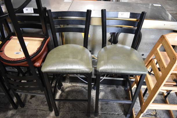 2 Black Metal Bar Height Chairs w/ Green Seat Cushions. 18x18x44. 2 Times Your Bid!