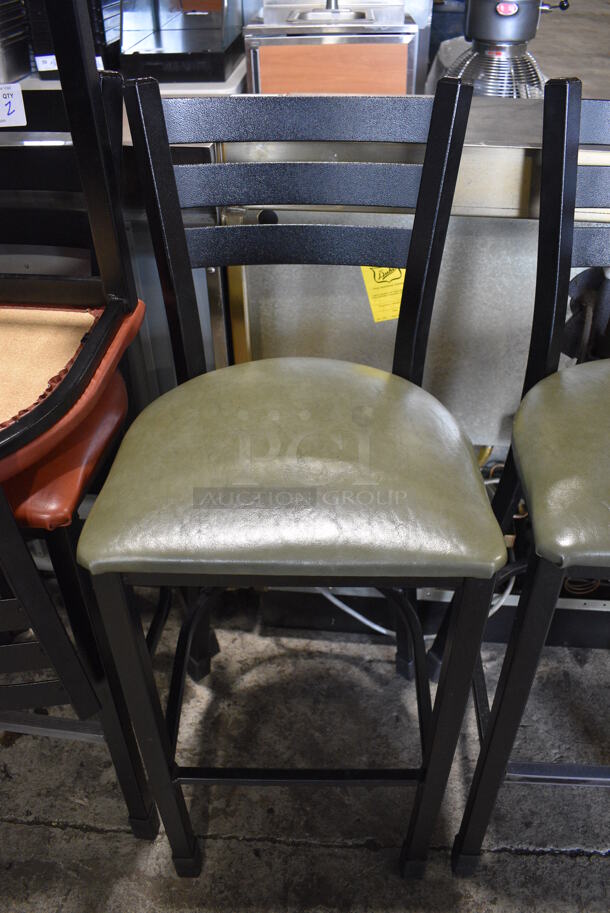 2 Black Metal Bar Height Chairs w/ Green Seat Cushions. 18x18x44. 2 Times Your Bid! - Image 2 of 4