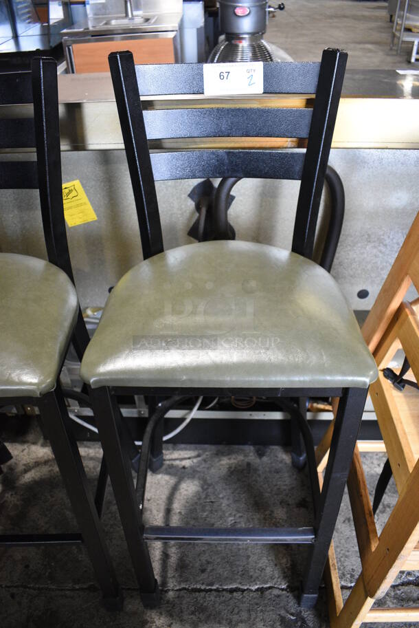 2 Black Metal Bar Height Chairs w/ Green Seat Cushions. 18x18x44. 2 Times Your Bid! - Image 3 of 4