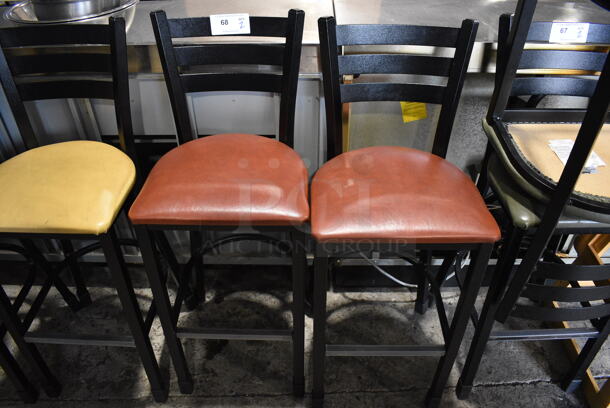 2 Black Metal Bar Height Chairs w/ Red Seat Cushions. 18x18x44. 2 Times Your Bid!