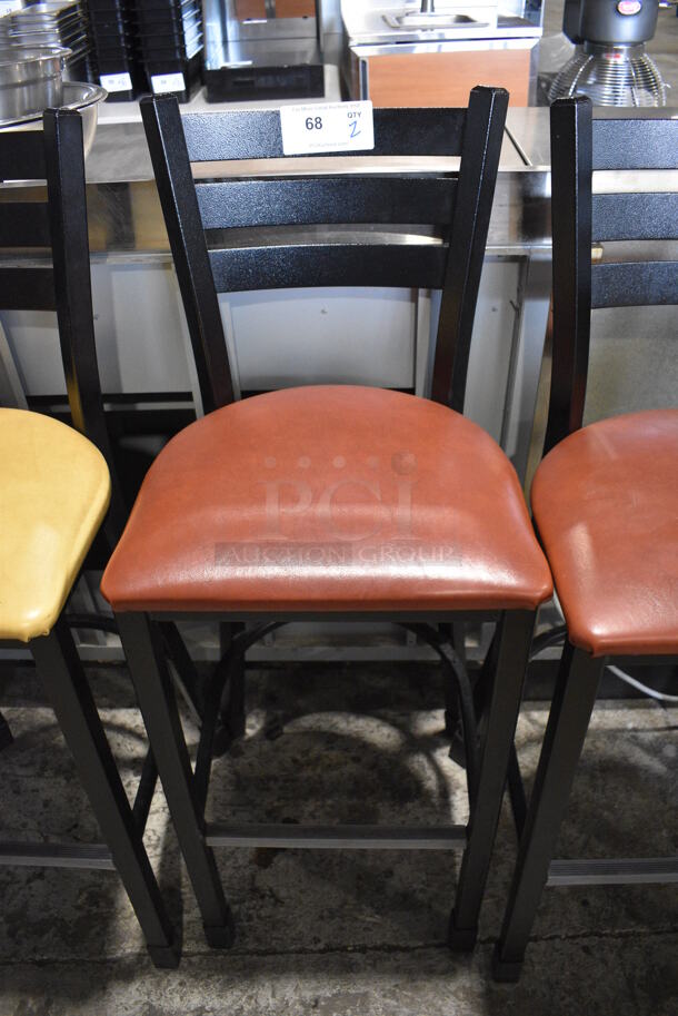 2 Black Metal Bar Height Chairs w/ Red Seat Cushions. 18x18x44. 2 Times Your Bid! - Image 2 of 5