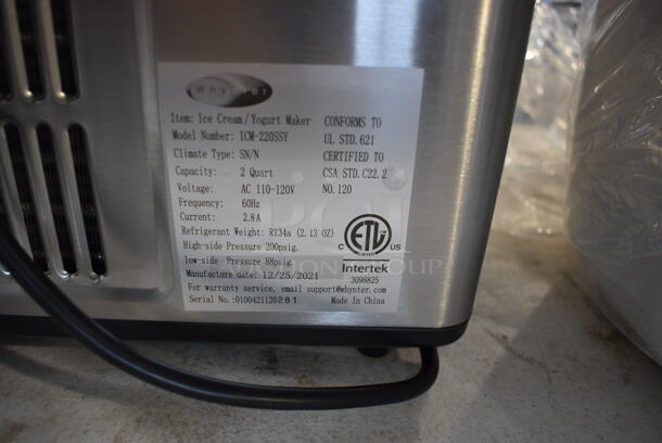 BRAND NEW SCRATCH AND DENT! Whynter ICM-220SSY Stainless Steel Countertop Ice Cream Yogurt Maker. 110-120 Volts, 1 Phase. 17x12x10.5. Tested and Working! - Image 7 of 8