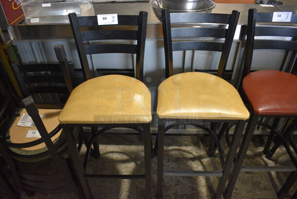 2 Black Metal Bar Height Chairs w/ Yellow Seat Cushions. 18x18x44. 2 Times Your Bid!