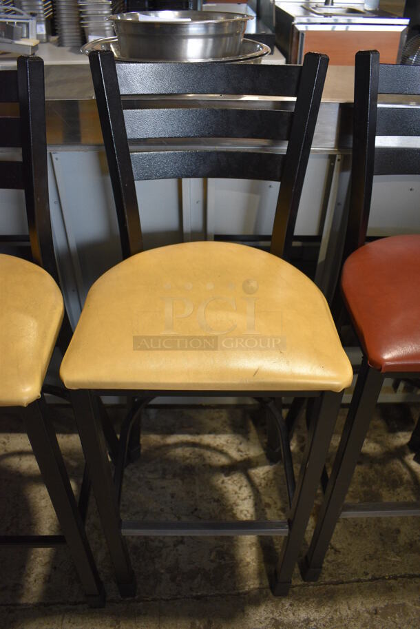 2 Black Metal Bar Height Chairs w/ Yellow Seat Cushions. 18x18x44. 2 Times Your Bid! - Image 2 of 4