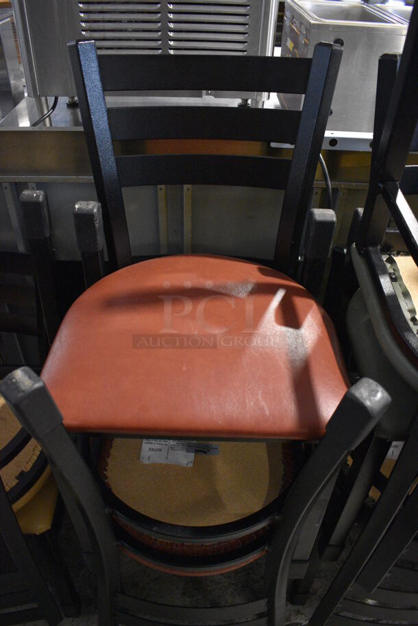4 Black Metal Dining Height Chairs w/ Red Seat Cushions. Stock Picture - Cosmetic Condition May Vary. 16x16x32. 4 Times Your Bid! - Image 1 of 4