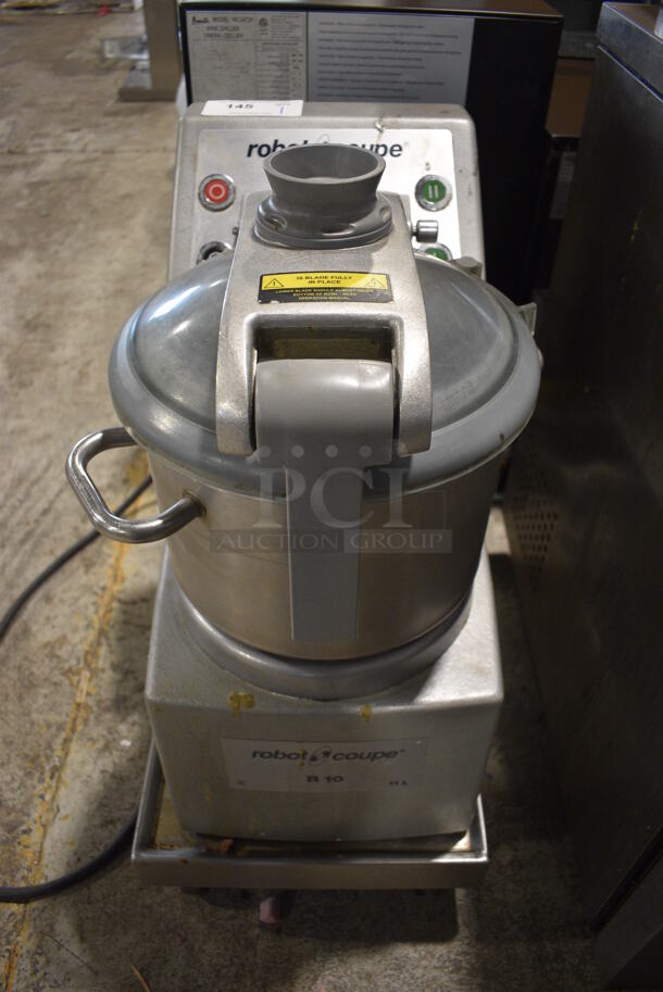 Robot Coupe R10 Metal Commercial Countertop Food Processor w/ Blade on Dolly. 208-230 Volts, 1 Phase. 15x26x32