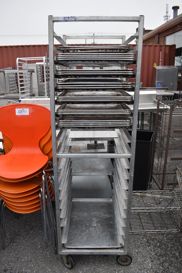 Metal Commercial Pan Transport Rack w/ 23 Metal Full Size Baking Pans on Commercial Casters. 20.5x26x69.5