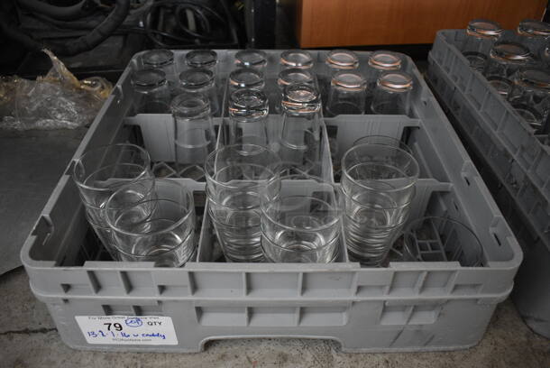 ALL ONE MONEY! Lot of 32 Various Glasses in Dish Caddy. Includes 3.5x3.5x3.5