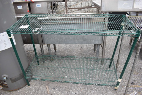Green Finish 2 Tier Wire Shelving Unit. BUYER MUST DISMANTLE. PCI CANNOT DISMANTLE FOR SHIPPING. PLEASE CONSIDER FREIGHT CHARGES. 48x18x35