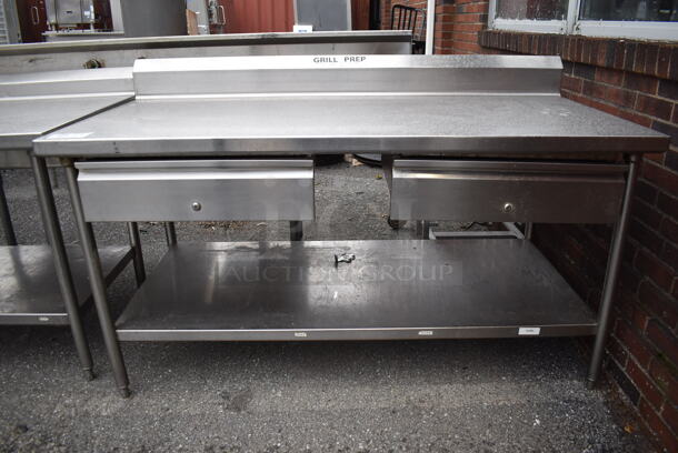 Stainless Steel Table w/ 2 Drawers, Back Splash and Under Shelf. 66x32x40