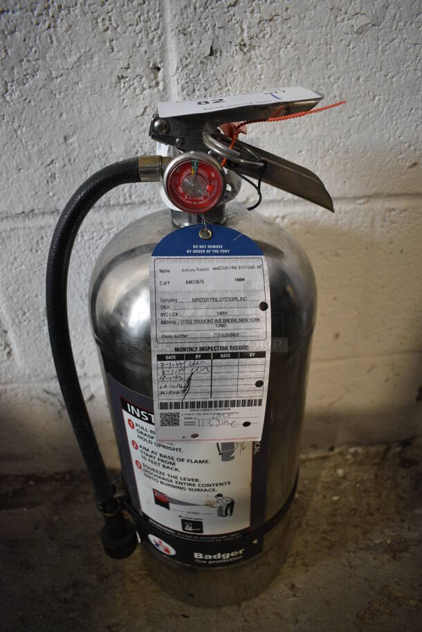 Badger Wet Chemical Fire Extinguisher. 8x6x19.5. Buyer Must Pick Up - We Will Not Ship This Item. 