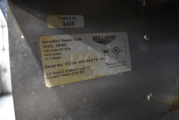Vollrath Serve Well 38102 Stainless Steel Commercial Electric Powered 2 Well Steam Table w/ Under Shelf. 120 Volts, 1 Phase. 32x33x36. Tested and Working! - Image 5 of 6