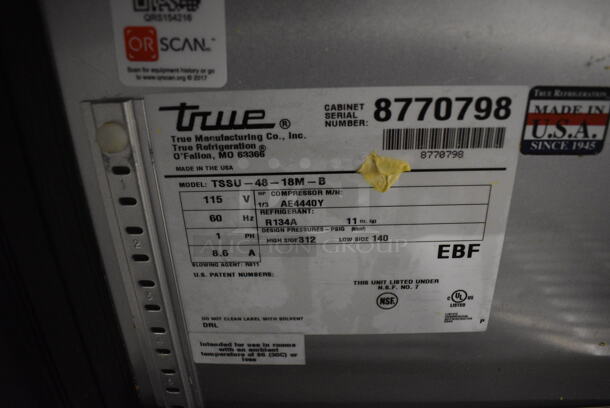2016 True TSSU-48-18M-B Stainless Steel Commercial Sandwich Salad Prep Table Bain Marie Mega Top on Commercial Casters. 115 Volts, 1 Phase. 48x34x46.5. Tested and Working! - Image 5 of 9