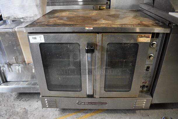 Southbend SL Series Stainless Steel Commercial Natural Gas Powered Full Size Convection Oven w/ View Through Doors, Metal Oven Racks and Thermostatic Controls on Commercial Casters. 38x40x33.5