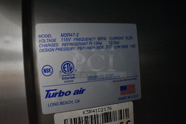Turbo Air M3R47-2 Stainless Steel Commercial 2 Door Reach In Cooler w/ Poly Coated Racks on Commercial Casters. 115 Volts, 1 Phase. 52x30x83. Tested and Working! - Image 4 of 6