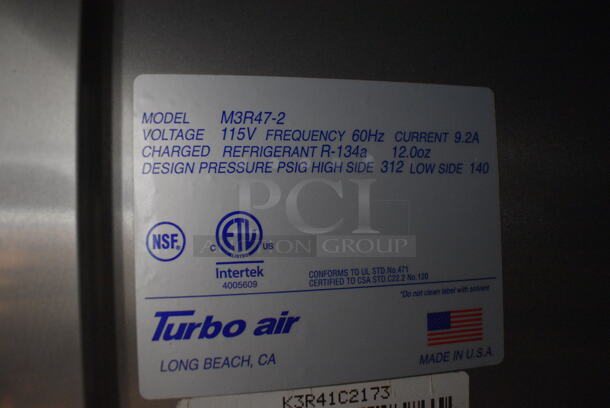 Turbo Air M3R47-2 Stainless Steel Commercial 2 Door Reach In Cooler w/ Poly Coated Racks on Commercial Casters. 115 Volts, 1 Phase. 52x30x83. Tested and Powers On But Temps at 41 Degrees - Image 4 of 6