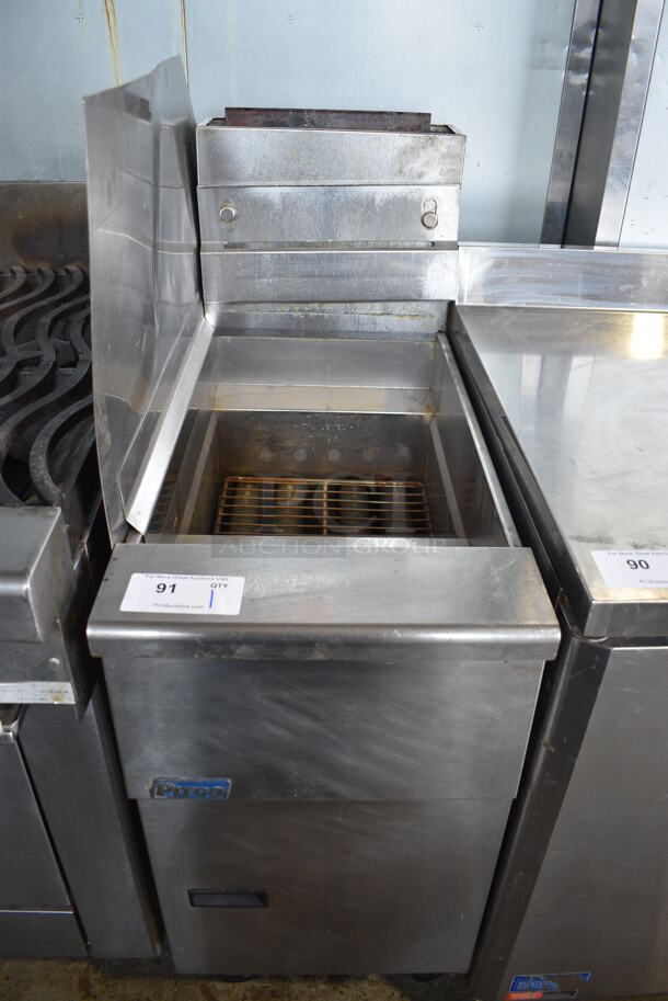 2017 Pitco Frialator SG14 Stainless Steel Commercial Floor Style Natural Gas Powered Deep Fat Fryer w/ Left Side Splash Guard on Commercial Casters. 110,000 BTU. 15.5x34x49