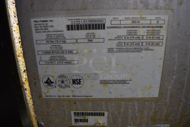 2017 Pitco Frialator SG14 Stainless Steel Commercial Floor Style Natural Gas Powered Deep Fat Fryer w/ Left Side Splash Guard on Commercial Casters. 110,000 BTU. 15.5x34x49 - Image 6 of 6