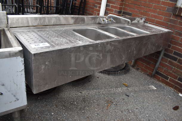 Krowne 18-63C Stainless Steel Commercial 3 Bay Back Bar Sink w/ Dual Drain Boards, Faucet and Handles. Missing Leg. 72x18x32. Bays 10x14.5x10. Drain Boards 18x16x1 - Image 2 of 6