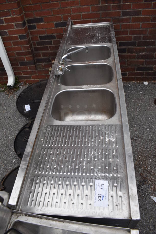 Krowne 18-63C Stainless Steel Commercial 3 Bay Back Bar Sink w/ Dual Drain Boards, Faucet and Handles. Missing Leg. 72x18x32. Bays 10x14.5x10. Drain Boards 18x16x1 - Image 3 of 6
