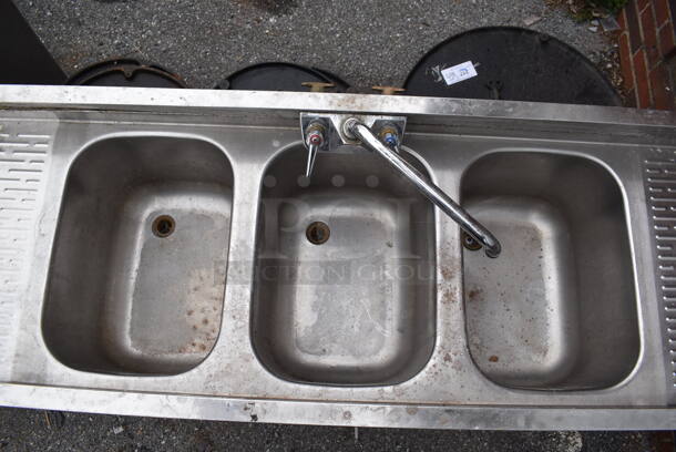 Krowne 18-63C Stainless Steel Commercial 3 Bay Back Bar Sink w/ Dual Drain Boards, Faucet and Handles. Missing Leg. 72x18x32. Bays 10x14.5x10. Drain Boards 18x16x1 - Image 6 of 6