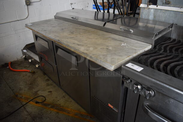 Turbo Air TPR-67SD-D2 Stainless Steel Commercial Pizza Prep Table w/ Oversized Marble Cutting Board on Commercial Casters. 115 Volts, 1 Phase. 67.5x36x43. Tested and Working! - Image 3 of 9