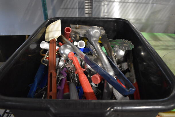 ALL ONE MONEY! Lot of Various Utensils Including Scoopers and Tongs in Poly Bus Bin
