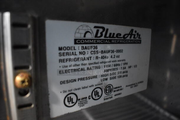 Blue Air BAUF36 Stainless Steel Commercial 2 Door Work Top Freezer on Commercial Casters. 115 Volts, 1 Phase. 36x30x36. Tested and Working! - Image 6 of 6
