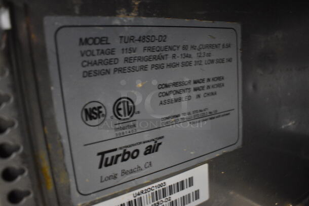 Turbo Air TUR-48SD-D2 Stainless Steel Commercial 1 Door w/ 2 Drawers Work Top Cooler on Commercial Casters. 115 Volts, 1 Phase. 48x30x34. Tested and Working! - Image 5 of 6