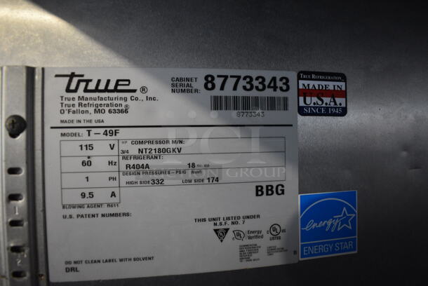 2016 True T-49F ENERGY STAR Stainless Steel Commercial 2 Door Reach In Freezer w/ Poly Coated Racks on Commercial Casters. 115 Volts, 1 Phase. 54x30x83. Tested and Working! - Image 2 of 4