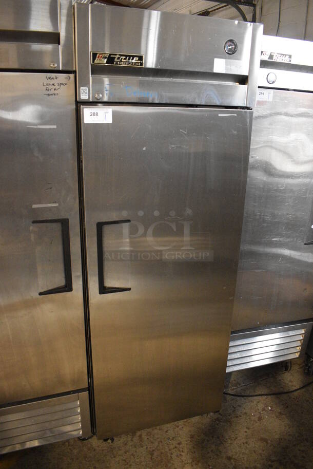 True TG1F-1S Stainless Steel Commercial Single Door Reach In Freezer w/ Poly Coated Racks on Commercial Casters. 115 Volts, 1 Phase. 29x35x83. Tested and Working!