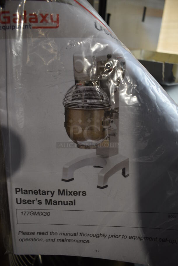 BRAND NEW SCRATCH AND DENT! Galaxy 177GMIX30 Metal Commercial Floor Style 30 Quart Planetary Dough Mixer w/ Stainless Steel Mixing Bowl, Bowl Guard, Dough Hook and Paddle Attachments. Unit Has Broken Backside Panel and Fan. 110 Volts, 1 Phase. 23x27x45. Tested and Working! - Image 5 of 8