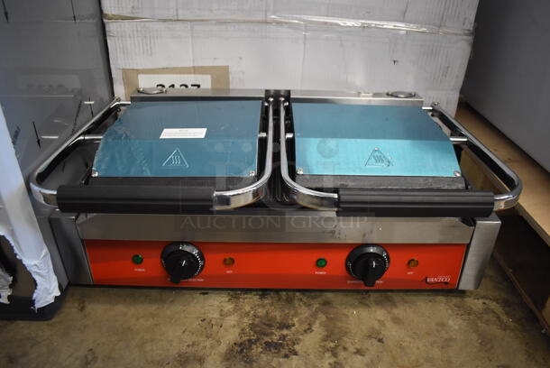 BRAND NEW SCRATCH AND DENT! Avantco 177P84 Stainless Steel Commercial Countertop Electric Powered Double Panini Grill with Grooved Plates. 120 Volts, 1 Phase. 23x16x10. Tested and Working! - Image 1 of 9