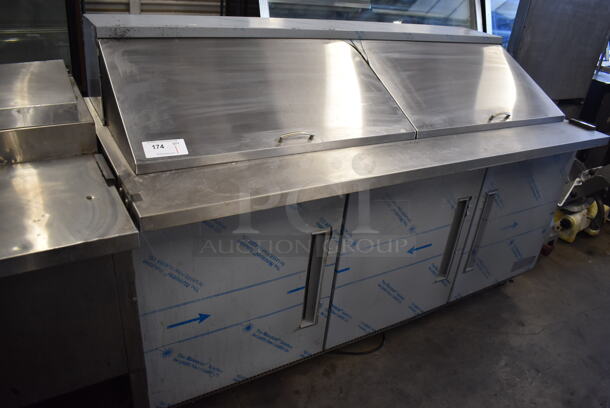 Berg EDMT 72 30 BERG HC Stainless Steel Commercial Sandwich Salad Prep Table Bain Marie Mega Top w/ Poly Drop In Bins on Commercial Casters. 115 Volts, 1 Phase. 72x34x48. Tested and Working!
