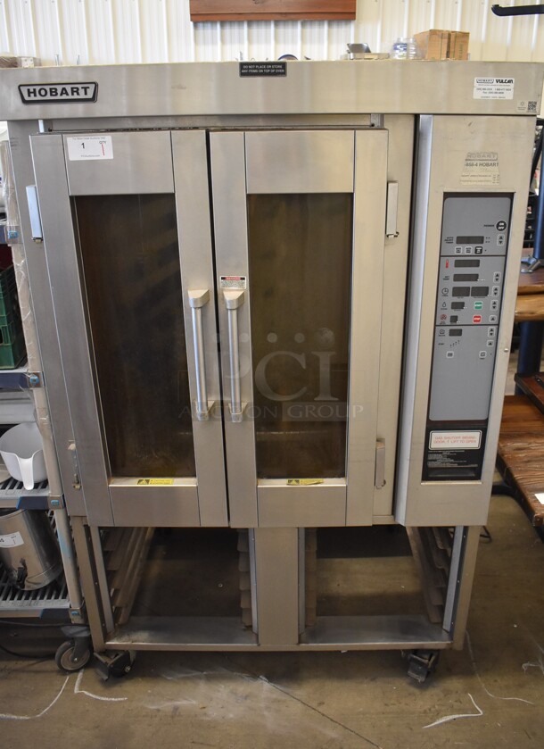 Hobart HO300G Stainless Steel Commercial Floor Style Natural Gas Powered Mini Rotating Rack Oven on Pan Rack w/ Commercial Casters. 48x35x75