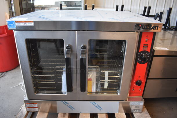 BRAND NEW SCRATCH AND DENT! Vulcan VC4GD-21D150K ENERGY STAR Stainless Steel Commercial Propane Gas Powered Full Size Convection Oven w/ View Through Doors, Metal Oven Racks and Thermostatic Controls. 50,000 BTU. 40x31x32. Tested and Working! - Image 1 of 9