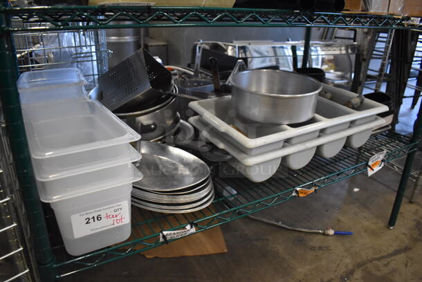 ALL ONE MONEY! Tier Lot of Various Items Including Poly Drop In Bins, Silverware Bins and Metal Plates