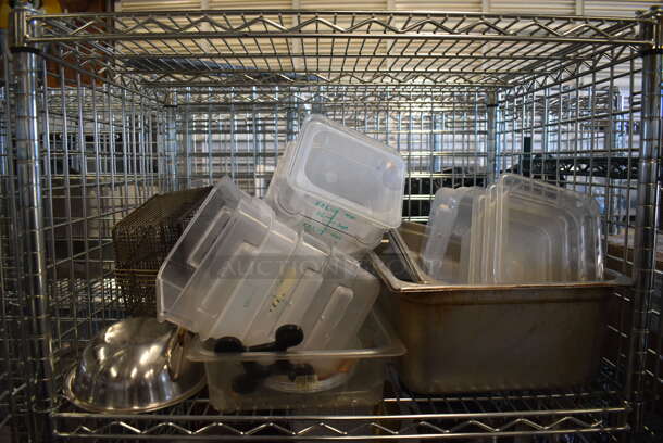Chrome Finish 4 Tier Wire Shelving Unit w/ Liquor Cage and Contents on Commercial Casters. BUYER MUST DISMANTLE. PCI CANNOT DISMANTLE FOR SHIPPING. PLEASE CONSIDER FREIGHT CHARGES. 30x20x70 - Image 3 of 7