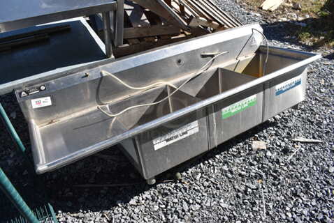 Aero Stainless Steel Commercial 3 Bay Sink w/ Left Side Drain Board. No Legs. 74x24x20. Bays 18x18x12. Drain Board 16x20x1