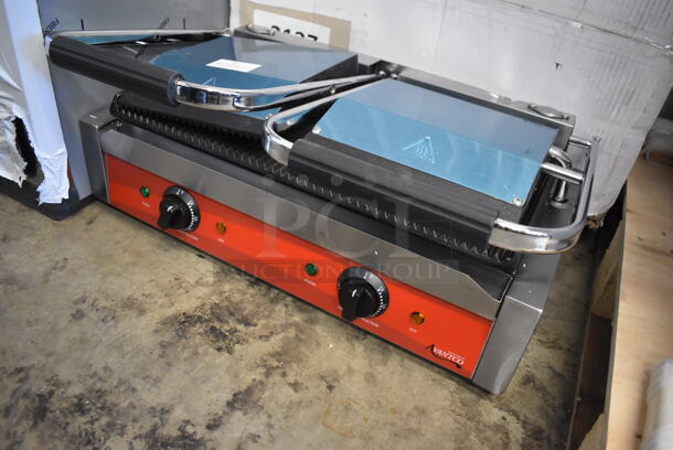 BRAND NEW SCRATCH AND DENT! Avantco 177P84 Stainless Steel Commercial Countertop Electric Powered Double Panini Grill with Grooved Plates. 120 Volts, 1 Phase. 23x16x10. Tested and Working! - Image 3 of 9