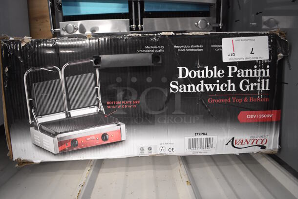 BRAND NEW SCRATCH AND DENT! Avantco 177P84 Stainless Steel Commercial Countertop Electric Powered Double Panini Grill with Grooved Plates. 120 Volts, 1 Phase. 23x16x10. Tested and Working! - Image 9 of 9