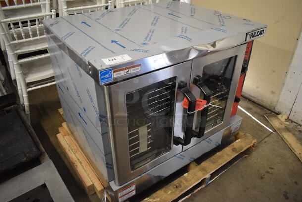BRAND NEW SCRATCH AND DENT! LATE MODEL! Vulcan VC4GD-11D150K ENERGY STAR Stainless Steel Commercial Natural Gas Powered Powered Full Size Convection Oven w/ View Through Doors, Metal Oven Racks and Thermostatic Controls. 40x31x31. Tested and Working! - Image 4 of 8