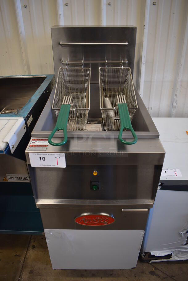 LIKE NEW! 2022 Avantco 177EF40E Stainless Steel Commercial Floor Style Electric Powered Deep Fat Fryer w/ 2 Metal Fry Baskets. 240 Volts, 3 Phase. Unit Has Only Been Used a Few Times! 15.5x29x45. Tested and Working! - Image 1 of 9
