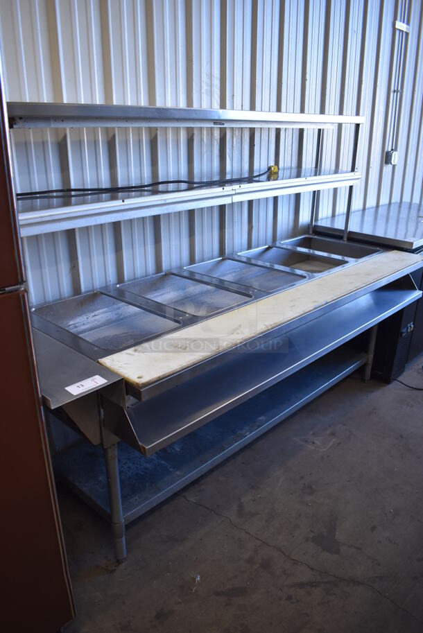 Stainless Steel Commercial 5 Well Steam Table w/ Warming Strip, Double Tier Over Shelf, 2 Check Holder Strips, Cutting Board and Under Shelf. 88x31x63. Tested and Working!